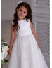 White Glitter Tulle Lace Trim Flower Girl Dress